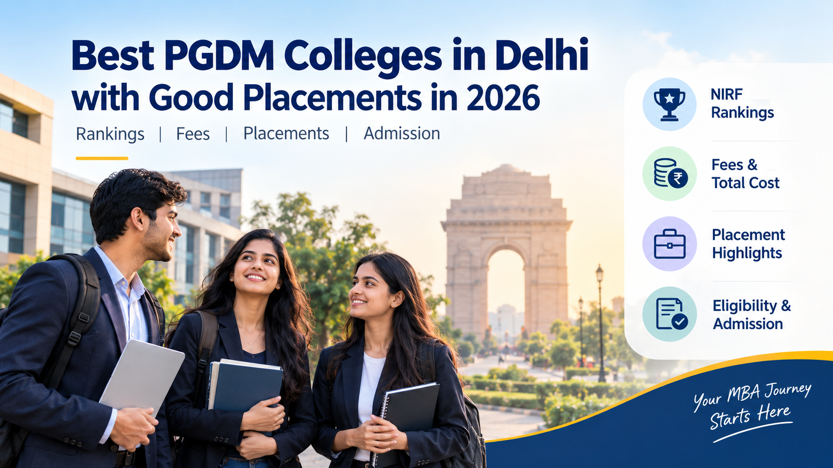 “Best PGDM colleges in Delhi with good placements in 2026, highlighting rankings, fees, placements and admission