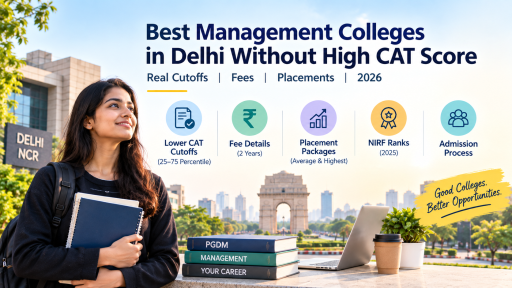Best management colleges in Delhi NCR accepting lower CAT percentiles, with information on cutoffs, fees, placements, NIRF rankings and admissions in 2026