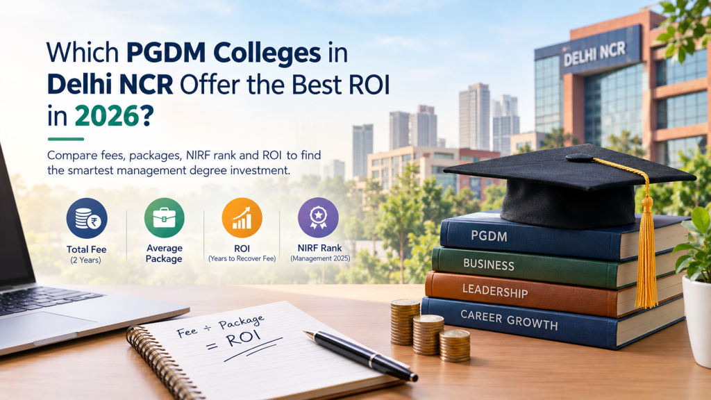 Best ROI PGDM colleges in Delhi NCR in 2026, comparing fees, average packages, NIRF rank, and fee recovery period.