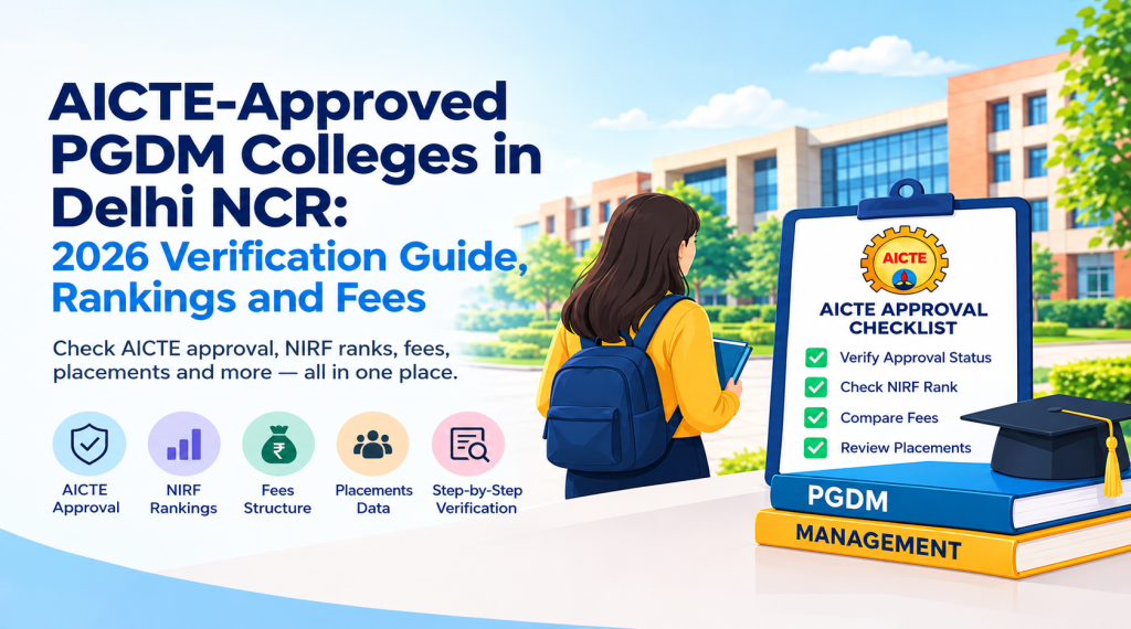 : AICTE-approved PGDM colleges in Delhi NCR with 2026 verification guide covering AICTE approval, NIRF rankings, fees, and placements.