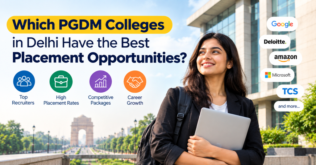 PGDM colleges in Delhi with strong placement opportunities, top recruiters, high placement rates, competitive packages, and career growth.