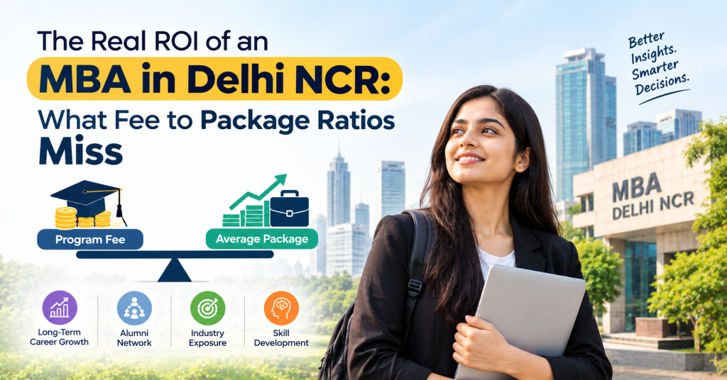 Real ROI of an MBA in Delhi NCR beyond fee-to-package ratios, including career growth, alumni network, industry exposure, and skill development.