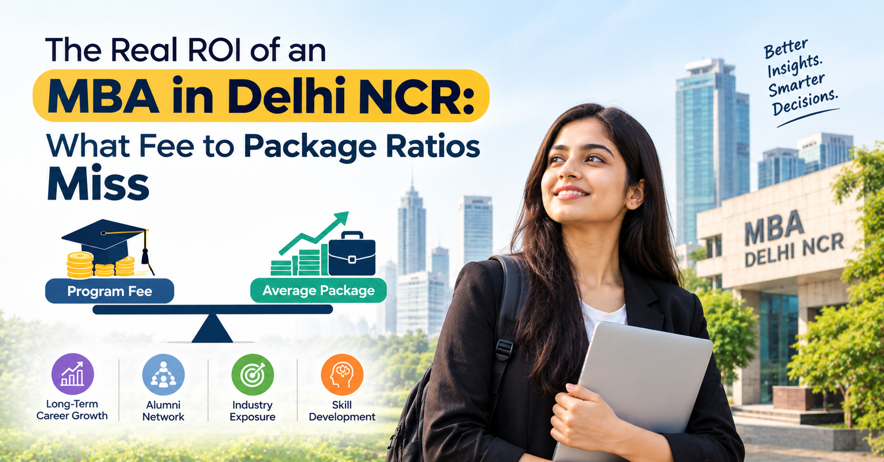 Real ROI of an MBA in Delhi NCR beyond fee-to-package ratios, including career growth, alumni network, industry exposure, and skill development.