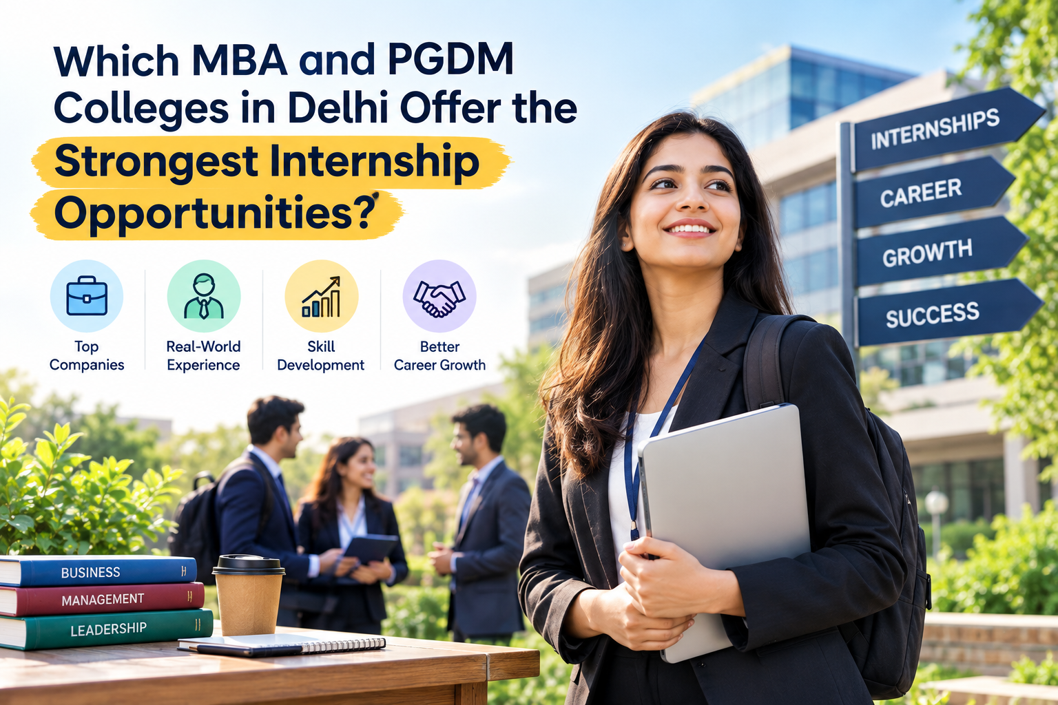 MBA and PGDM students exploring internship opportunities in Delhi, with a focus on real-world experience, skill development, top companies, and career growth.