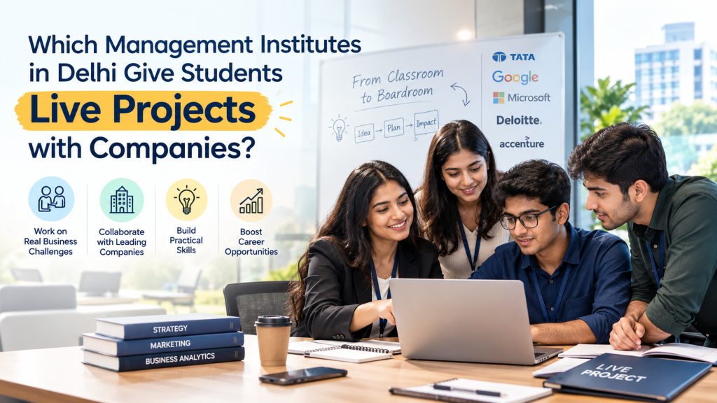 Management students working on a live business project with a company, collaborating on practical strategies, analysis, and real-world business challenges.