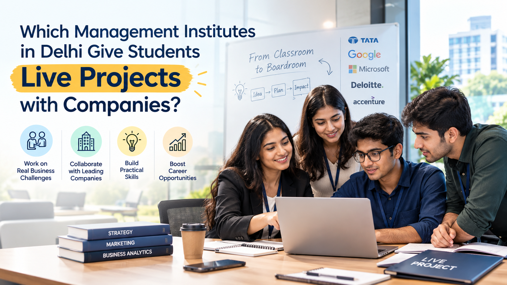 Management students working on a live business project with a company, collaborating on practical strategies, analysis, and real-world business challenges.