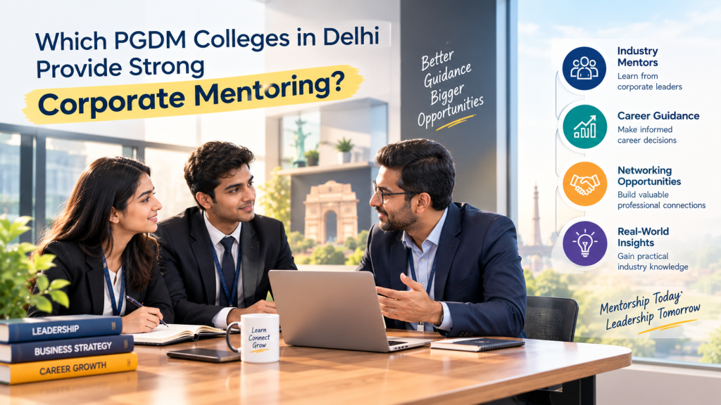 PGDM students receiving corporate mentorship from an industry professional, with guidance on careers, networking, leadership, and real-world business insights.