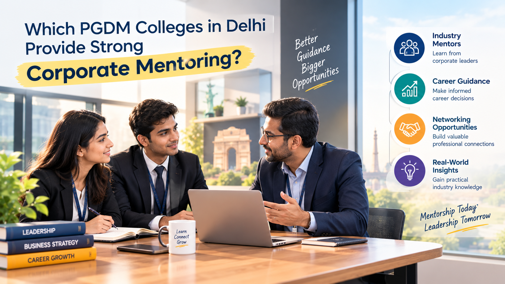 PGDM students receiving corporate mentorship from an industry professional, with guidance on careers, networking, leadership, and real-world business insights.