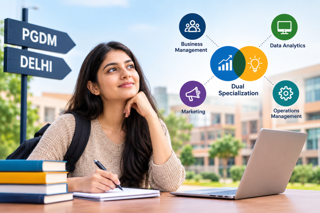 PGDM student exploring dual specialization options in Delhi with business management, data analytics, marketing, and operations.