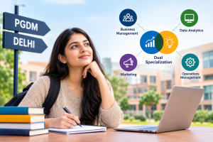PGDM student exploring dual specialization options in Delhi with business management, data analytics, marketing, and operations.