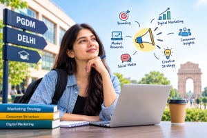 PGDM student exploring marketing studies in Delhi with branding, digital marketing, social media, and consumer insights.