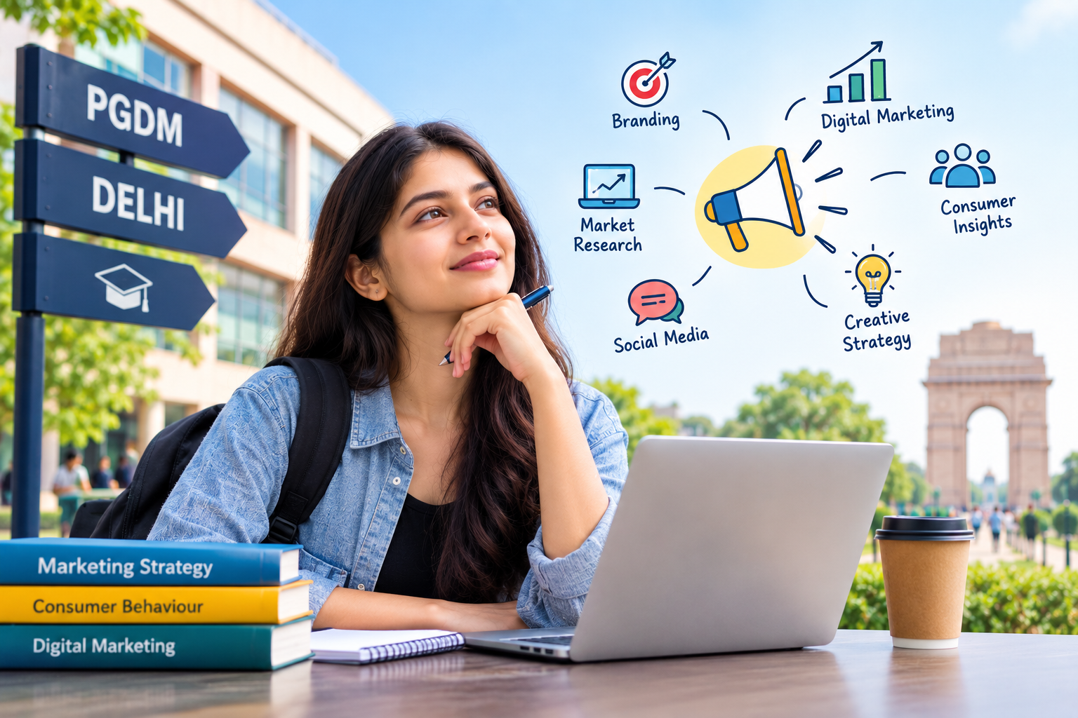 PGDM student exploring marketing studies in Delhi with branding, digital marketing, social media, and consumer insights.