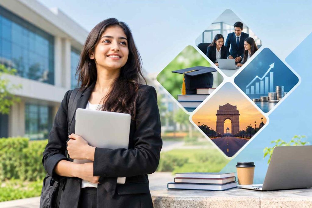 MBA-equivalent PGDM courses in Delhi featuring a management student, modern campus, business professionals, graduation cap, and career growth imagery.