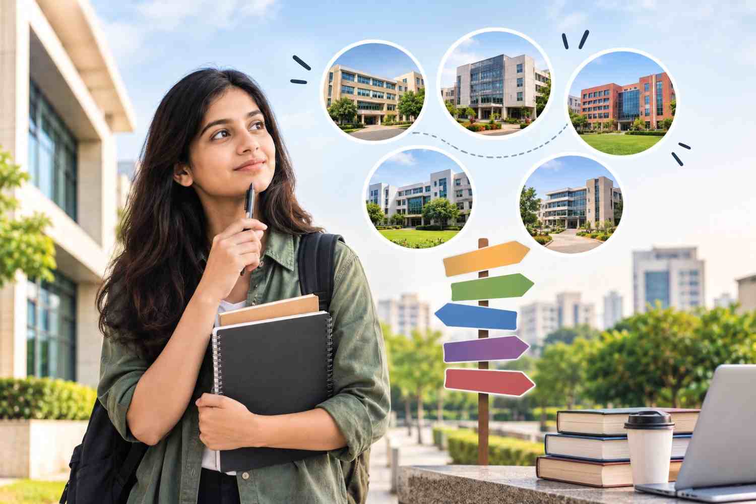 Student comparing management colleges in Delhi NCR, with campus buildings, books, a laptop, and study materials representing MBA and PGDM college options.