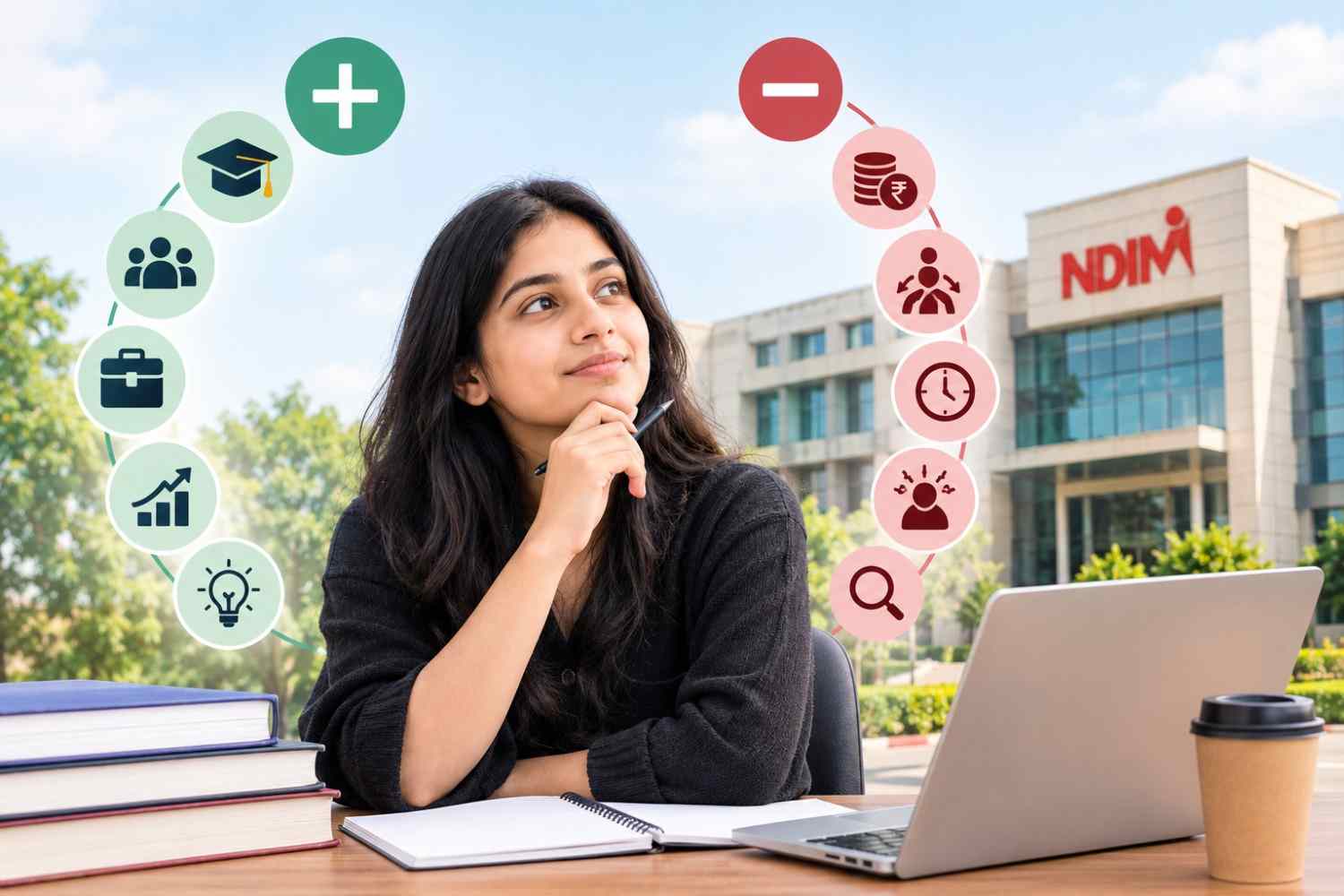 South Asian student evaluating the pros and cons of a PGDM at NDIM Delhi, with a campus building, laptop, books, and visual icons representing career opportunities, industry exposure, fees, and challenges.