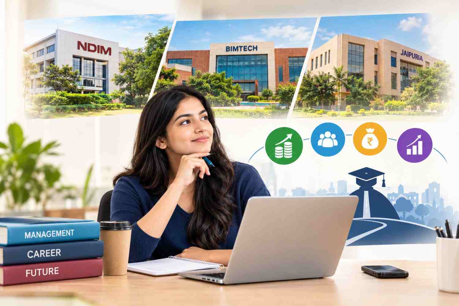 A student comparing NDIM, BIMTECH and Jaipuria Noida campuses while researching PGDM fees, placements, salary prospects and return on investment.