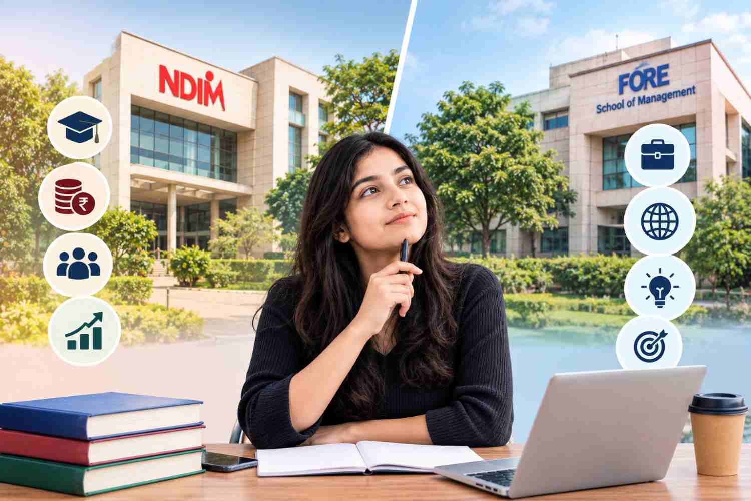 Student comparing NDIM Delhi and FORE School of Management for PGDM, with both college campuses, a laptop, books, and visual icons representing fees, career opportunities, business skills, and professional growth.