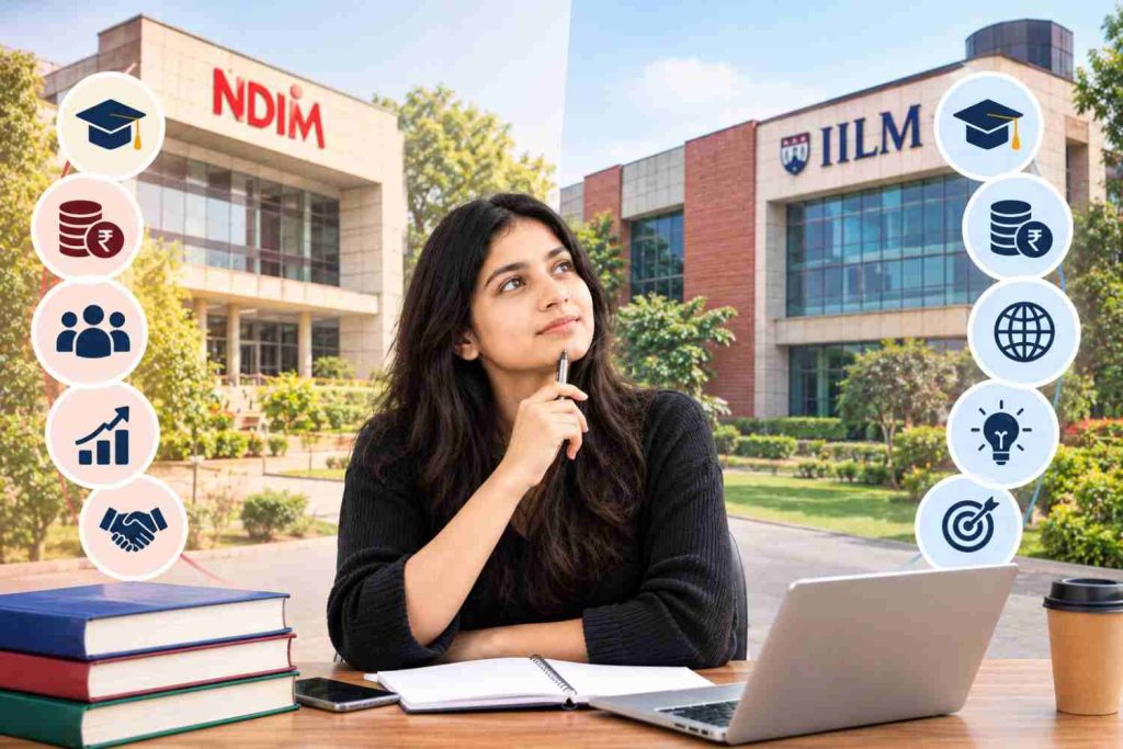 Student comparing NDIM Delhi and IILM for PGDM, with both college campuses in the background and visual icons representing fees, academics, career growth, industry connections, and future opportunities.