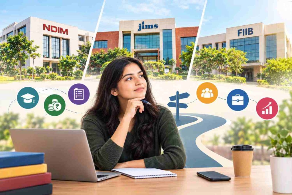 A PGDM aspirant comparing NDIM, JIMS Rohini and FIIB campuses while evaluating fees, curriculum, industry exposure and career opportunities.