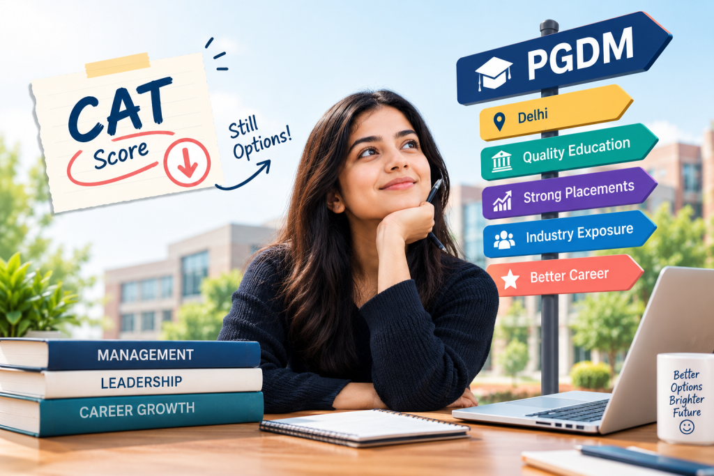 A student considering PGDM options in Delhi with a CAT score, surrounded by signs highlighting PGDM, quality education, placements, industry exposure, and career opportunities.