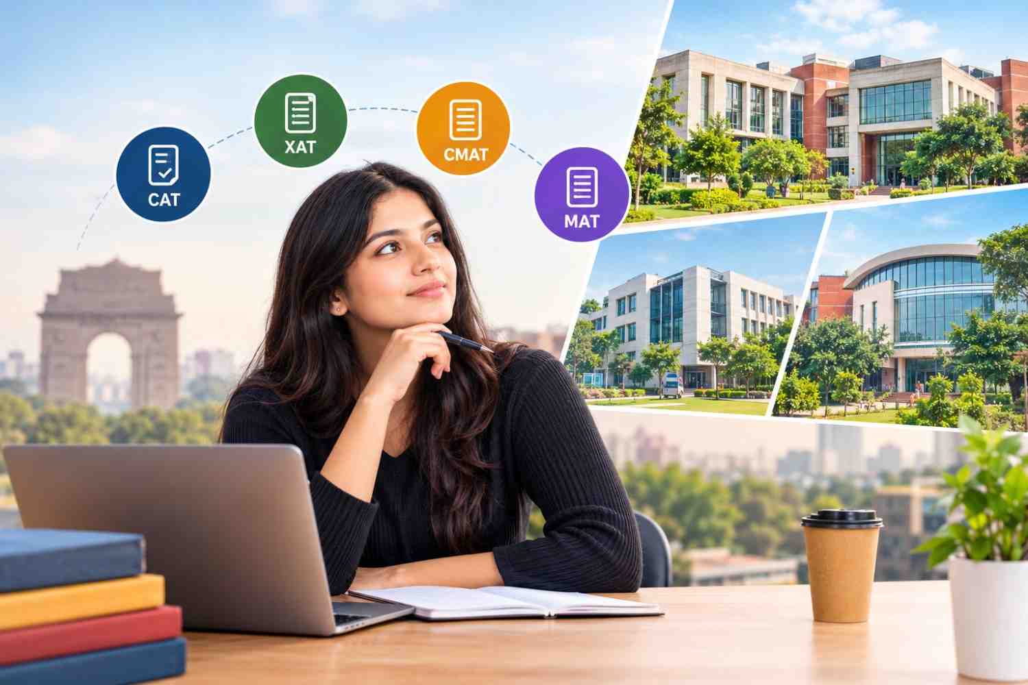 A student researching PGDM colleges in Delhi with campus images and CAT, XAT, CMAT and MAT entrance exam icons.