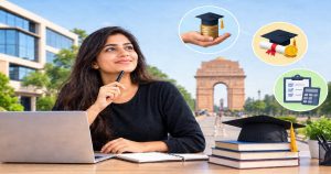 Indian student planning PGDM education in Delhi with a laptop and books, graduation cap, financial planning icons, education loan and scholarship symbols, and India Gate in the background.