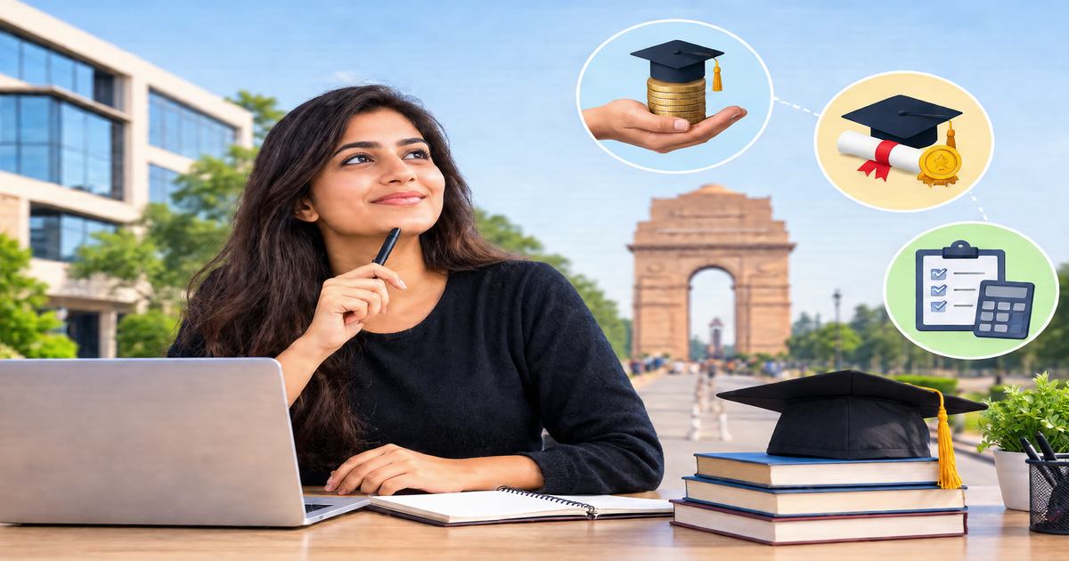 Indian student planning PGDM education in Delhi with a laptop and books, graduation cap, financial planning icons, education loan and scholarship symbols, and India Gate in the background.