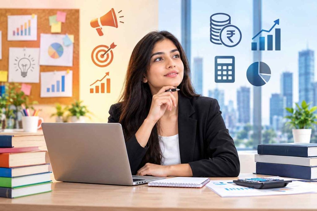 Student comparing PGDM in Marketing vs Finance, with marketing strategy charts and financial analysis symbols in a modern business study environment.