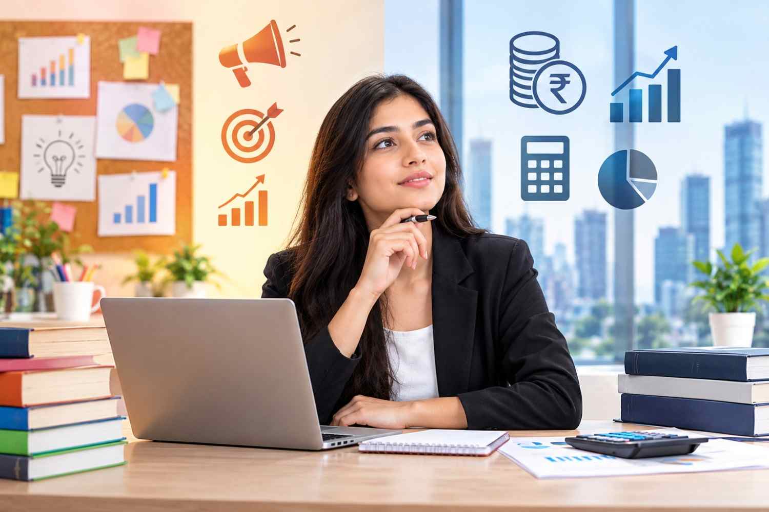Student comparing PGDM in Marketing vs Finance, with marketing strategy charts and financial analysis symbols in a modern business study environment.