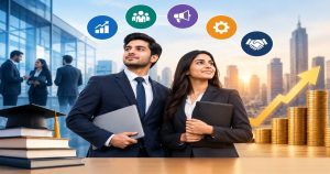MBA and PGDM professionals in business attire with a graduation cap, career growth icons, rising arrow, and stacks of coins symbolizing high-paying management careers in India.