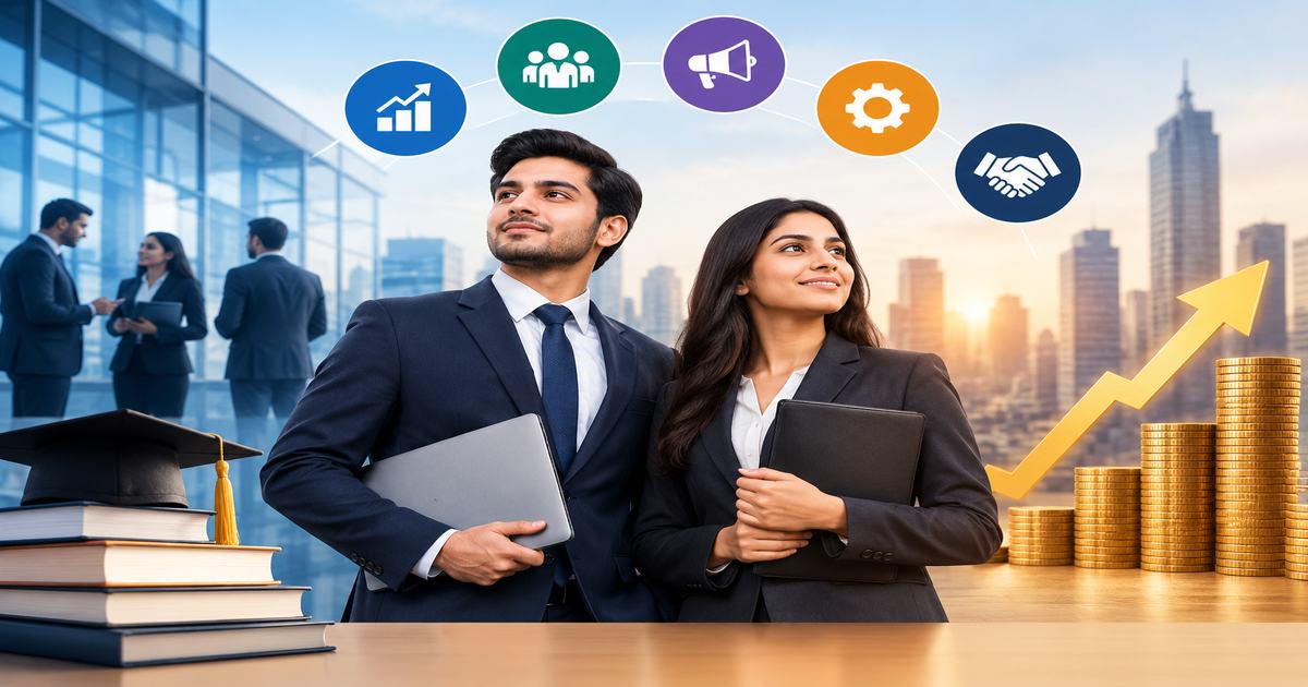 MBA and PGDM professionals in business attire with a graduation cap, career growth icons, rising arrow, and stacks of coins symbolizing high-paying management careers in India.